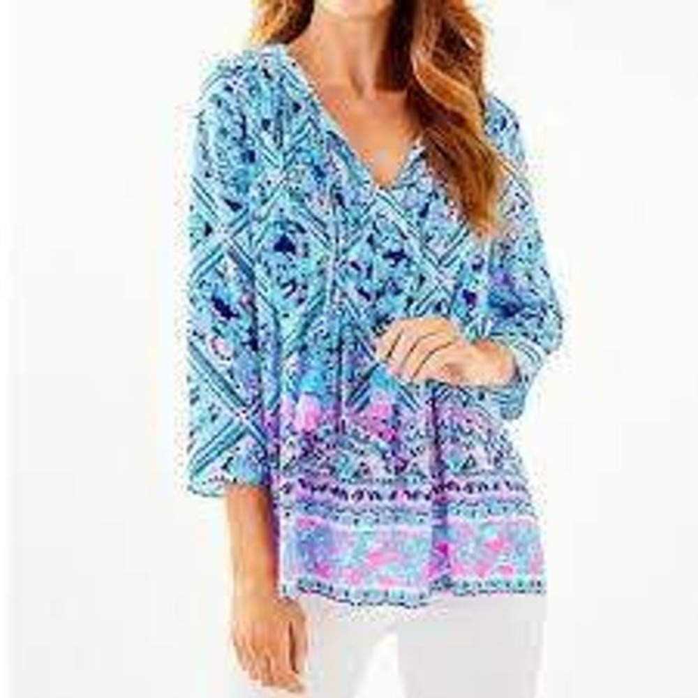 Lilly Pulitzer Marilina Tunic Top Womens XS Blue Meet Me On The Dock Tassel 3/4